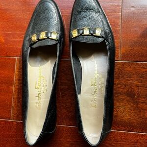 Salvatore Ferragamo Black Leather Flats with Gold Accents